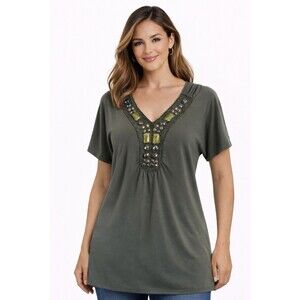 Fashion Bug Women’s Tunic Blouse Small Olive Green V-Neck Beaded Embellished